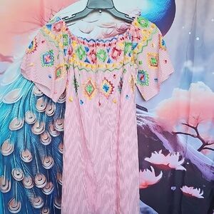 Ces Femme Pink Striped Dress with Colorful Embroidery